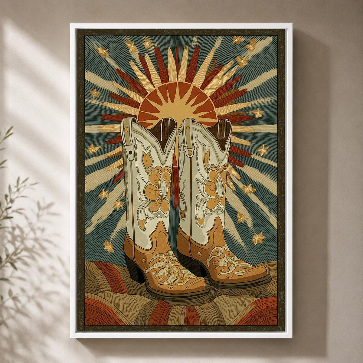 Cowboy Boot Framed Canvas Art, Western Sunburst Print, Rustic Ranch Decor, Framed Artwork by The Wall Art Studio - physical