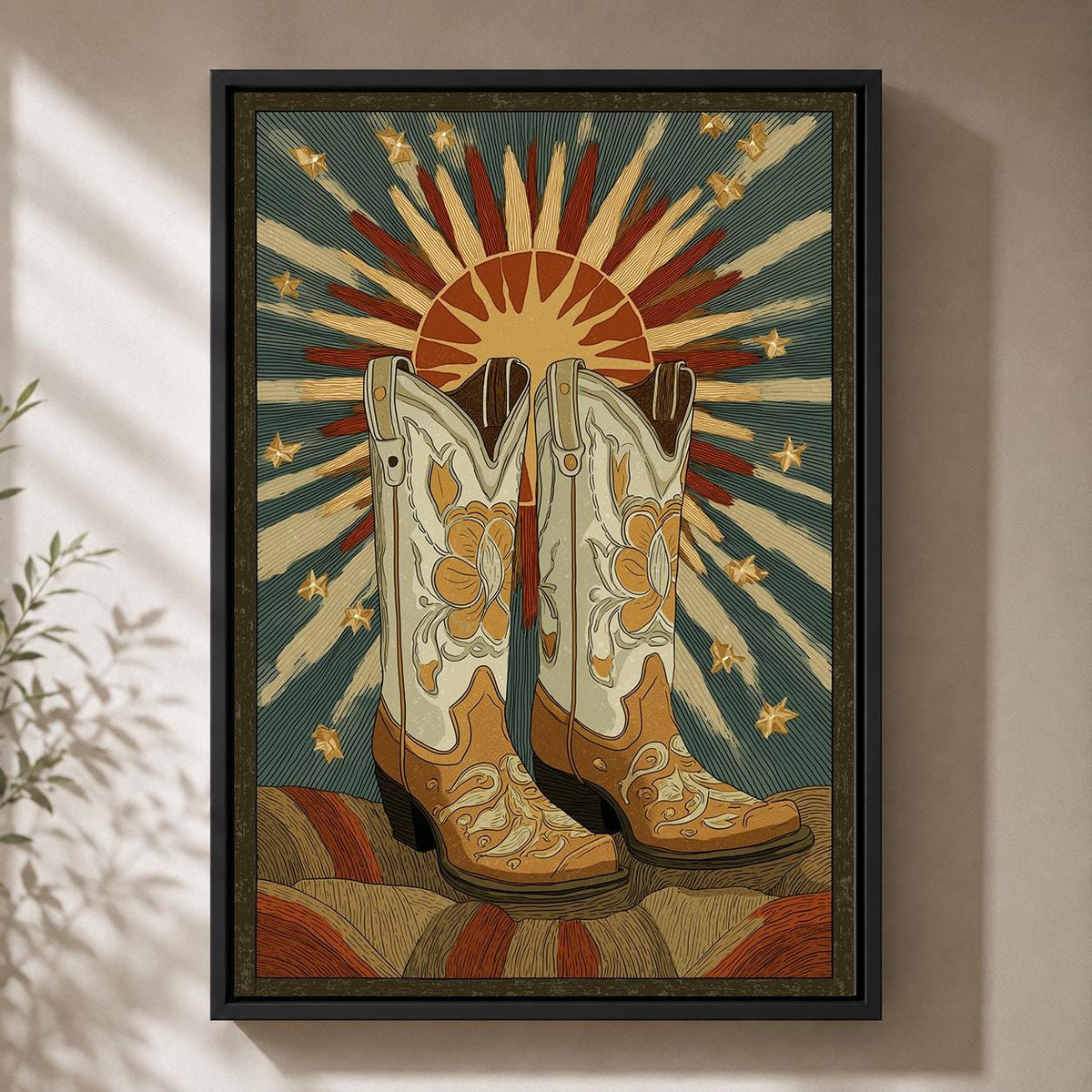 Cowboy Boot Framed Canvas Art, Western Sunburst Print, Rustic Ranch Decor, Framed Artwork by The Wall Art Studio - physical