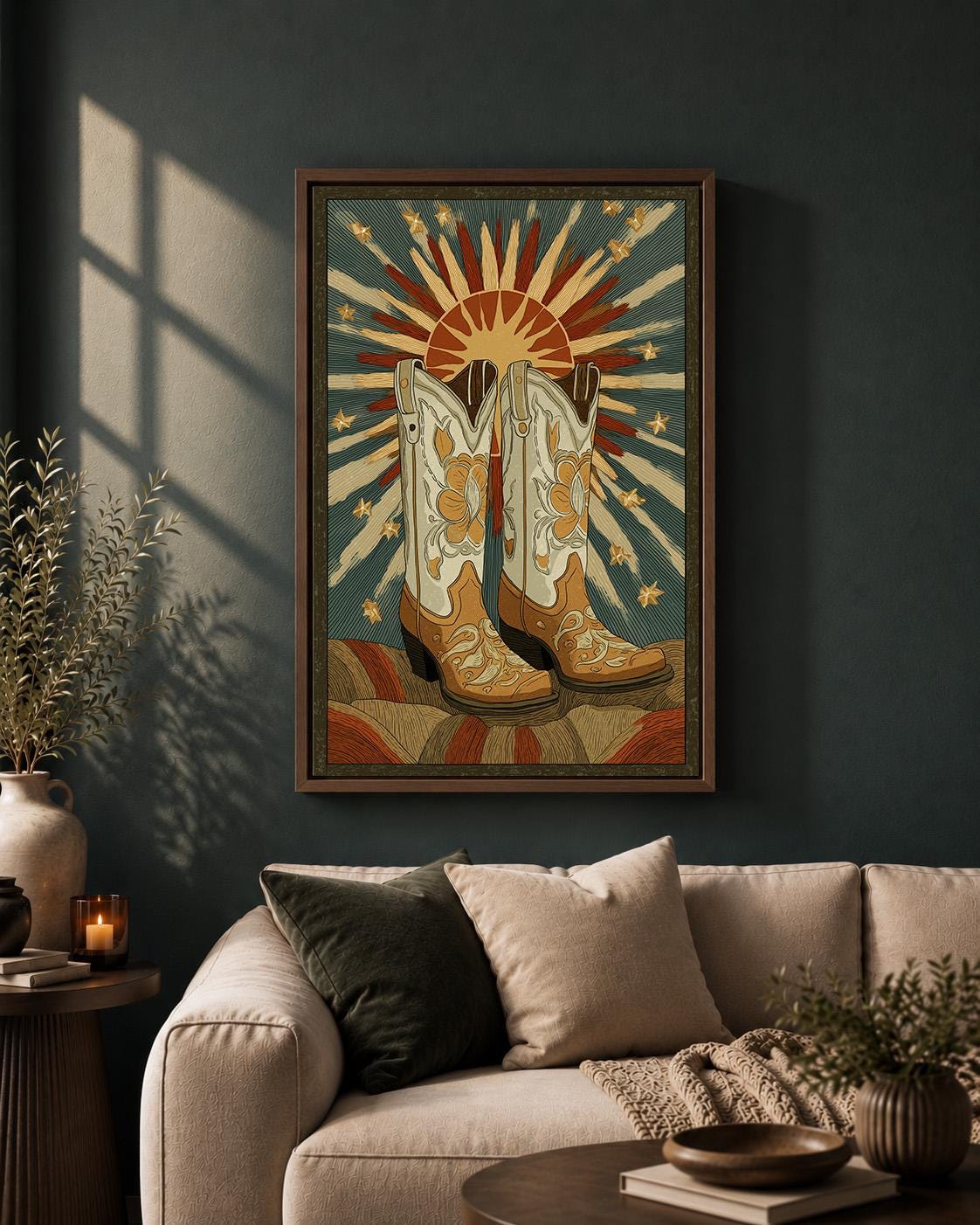 Cowboy Boot Framed Canvas Art, Western Sunburst Print, Rustic Ranch Decor, Framed Artwork by The Wall Art Studio - physical