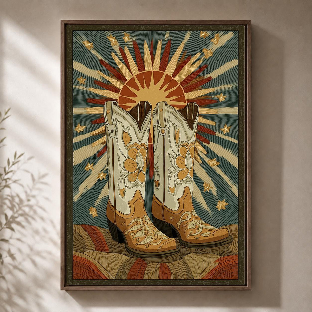 Cowboy Boot Framed Canvas Art, Western Sunburst Print, Rustic Ranch Decor, Framed Artwork by The Wall Art Studio - physical