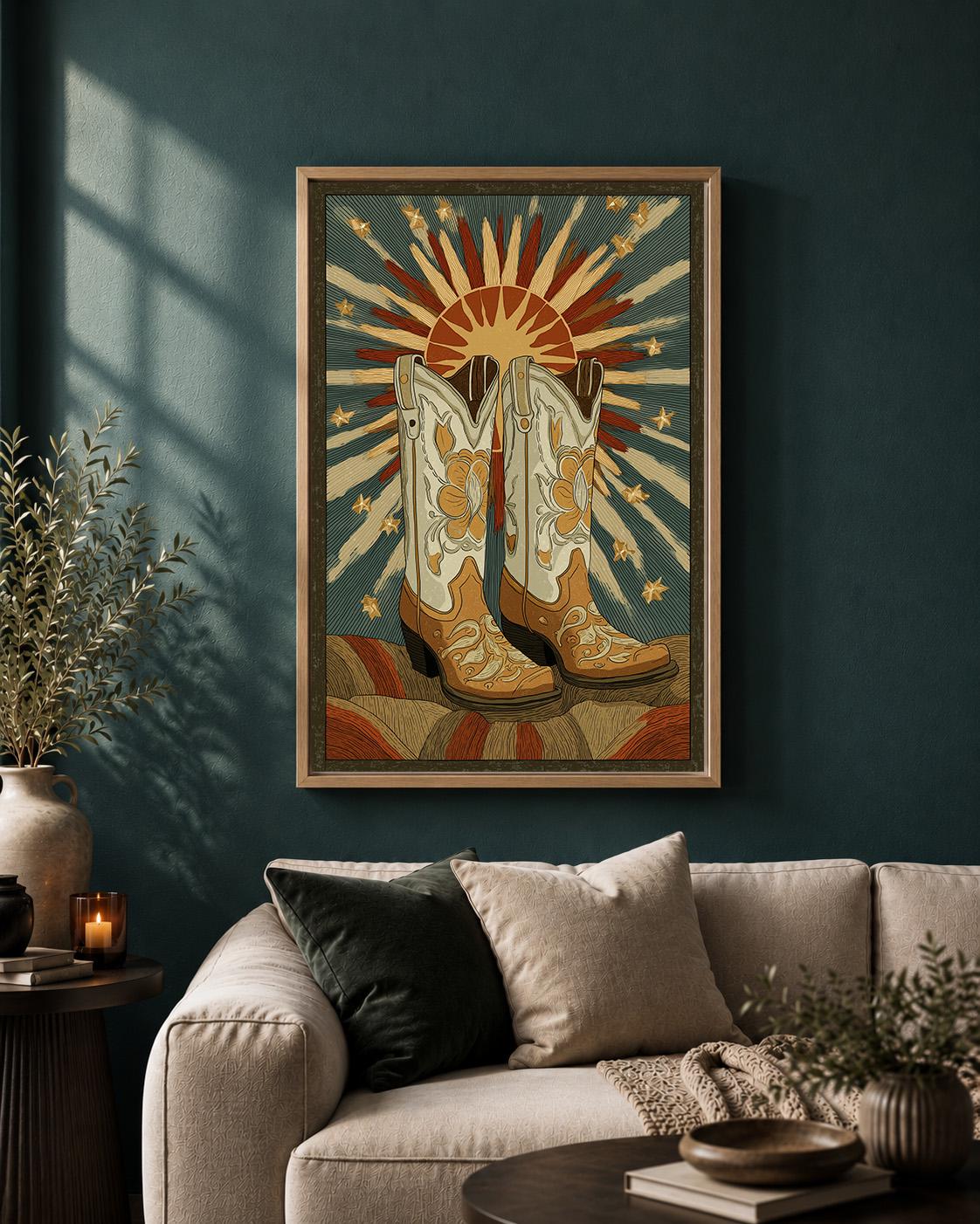 Cowboy Boot Framed Canvas Art, Western Sunburst Print, Rustic Ranch Decor, Framed Artwork by The Wall Art Studio - physical