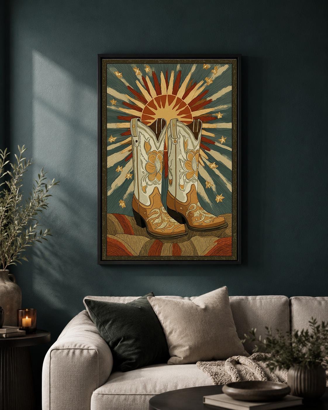 Cowboy Boot Framed Canvas Art, Western Sunburst Print, Rustic Ranch Decor, Framed Artwork by The Wall Art Studio - physical