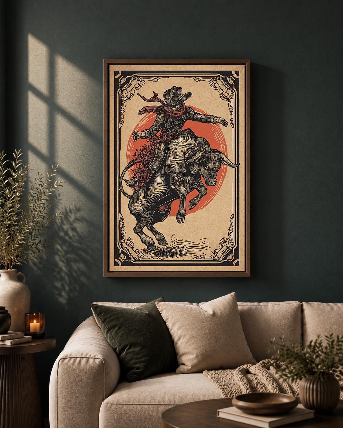 Cowboy Horse Riding Framed Canvas Wall Art, Vintage Western Rodeo Decor by The Wall Art Studio - physical