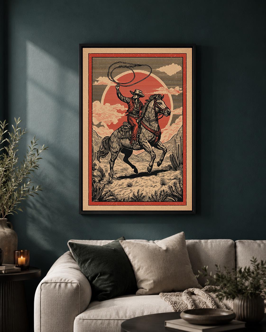 Cowboy Horse Riding Framed Canvas Wall Art, Vintage Western Rodeo Decor by The Wall Art Studio - physical