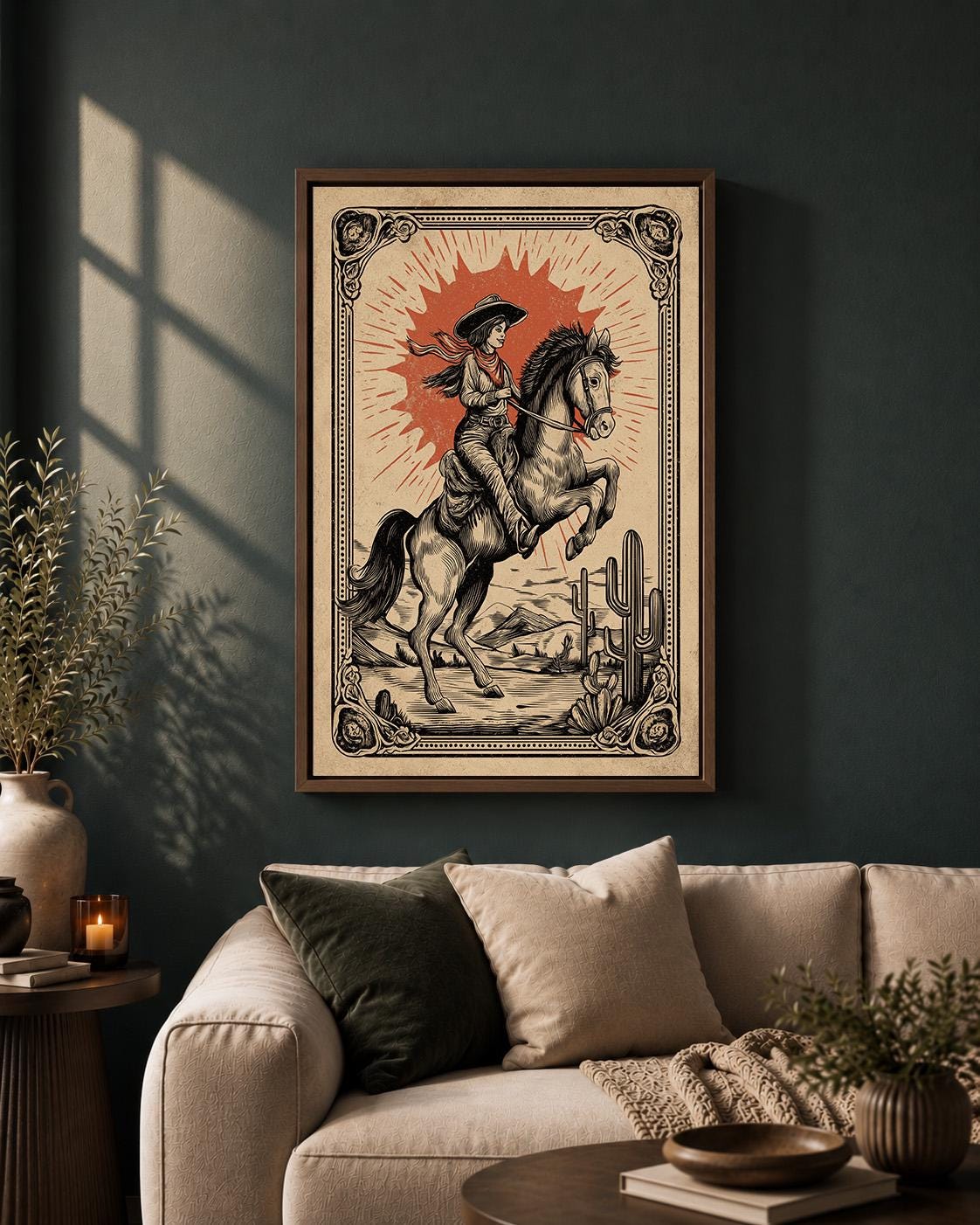 Cowgirl Framed Canvas Art, Vintage Western Rodeo Print, Desert Cowboy Artwork by The Wall Art Studio - physical