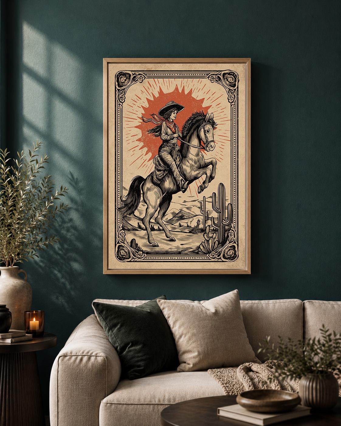 Cowgirl Framed Canvas Art, Vintage Western Rodeo Print, Desert Cowboy Artwork by The Wall Art Studio - physical