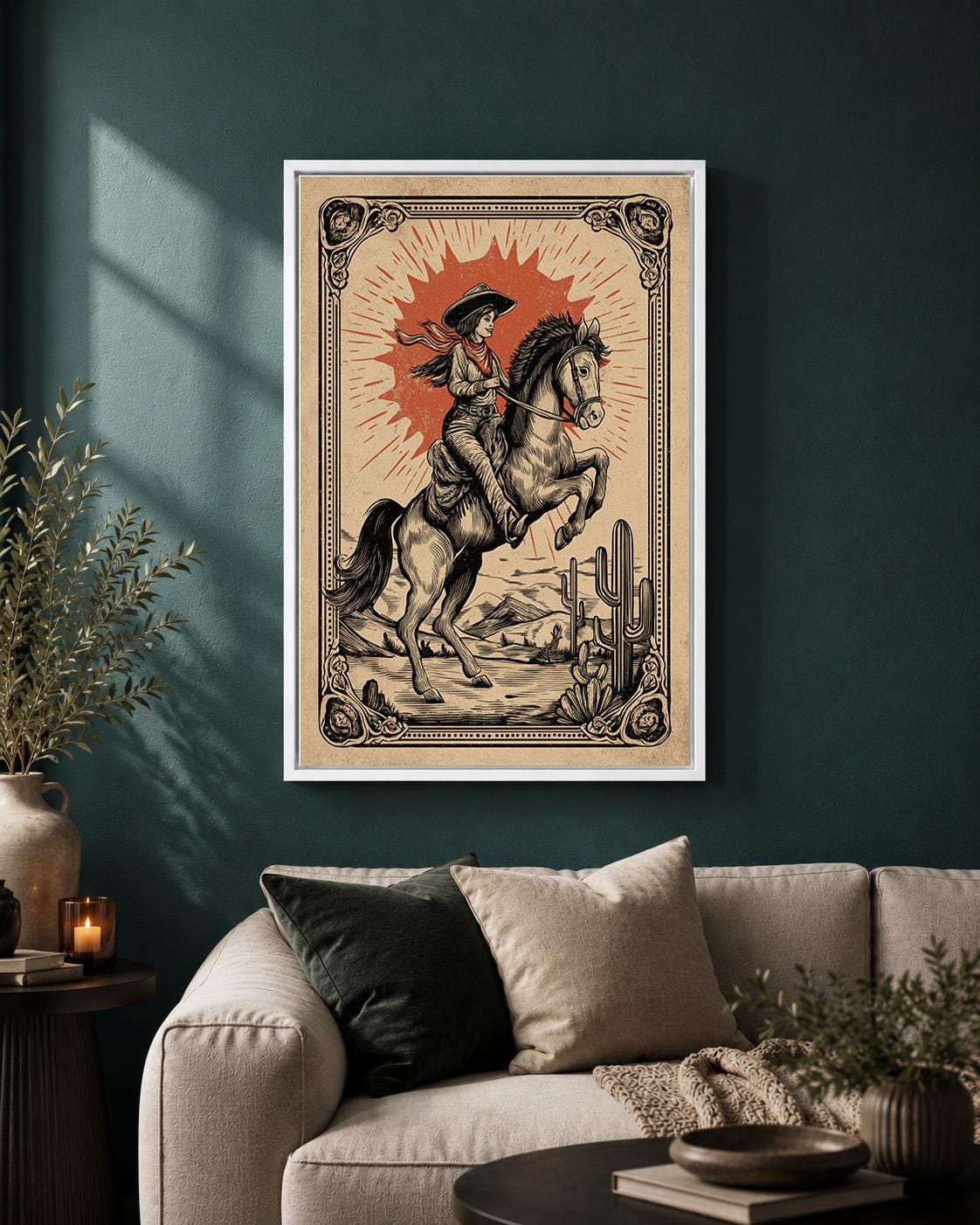 Cowgirl Framed Canvas Art, Vintage Western Rodeo Print, Desert Cowboy Artwork by The Wall Art Studio - physical