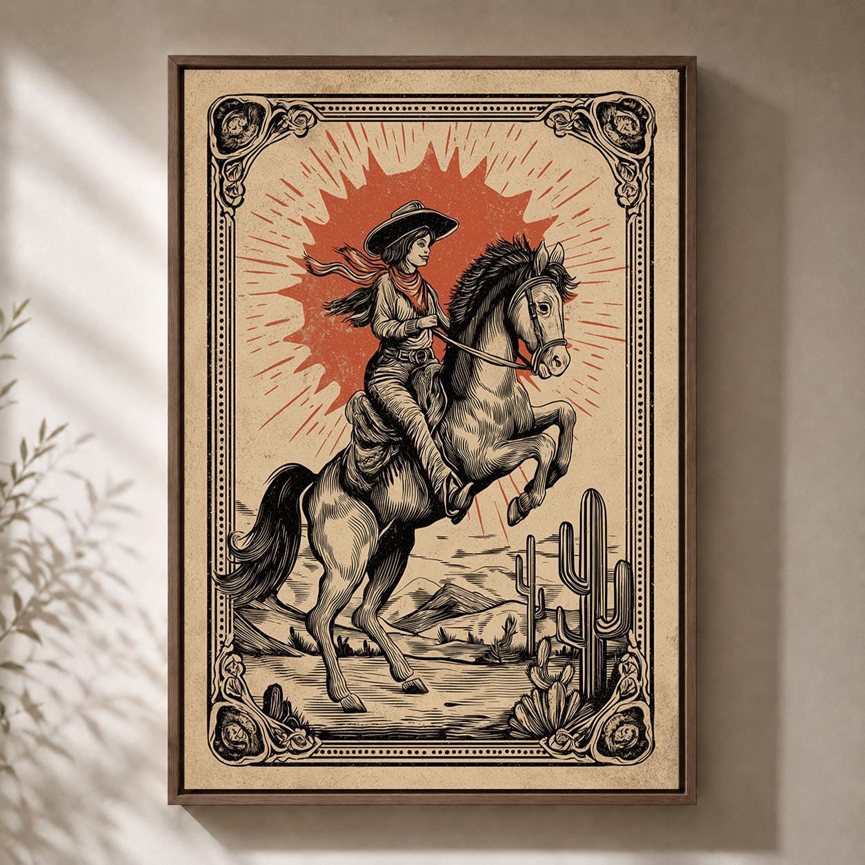 Cowgirl Framed Canvas Art, Vintage Western Rodeo Print, Desert Cowboy Artwork by The Wall Art Studio - physical