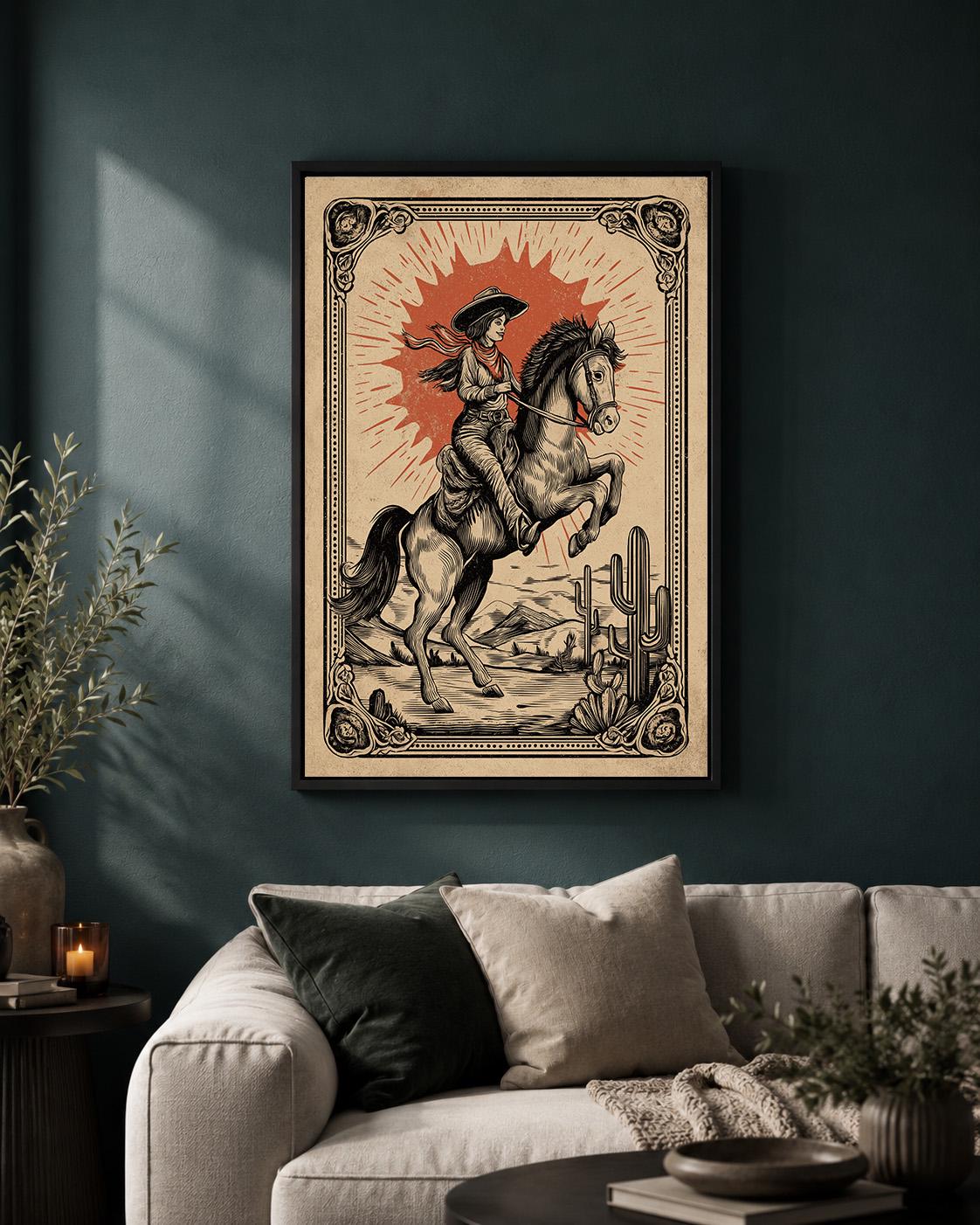 Cowgirl Framed Canvas Art, Vintage Western Rodeo Print, Desert Cowboy Artwork by The Wall Art Studio - physical