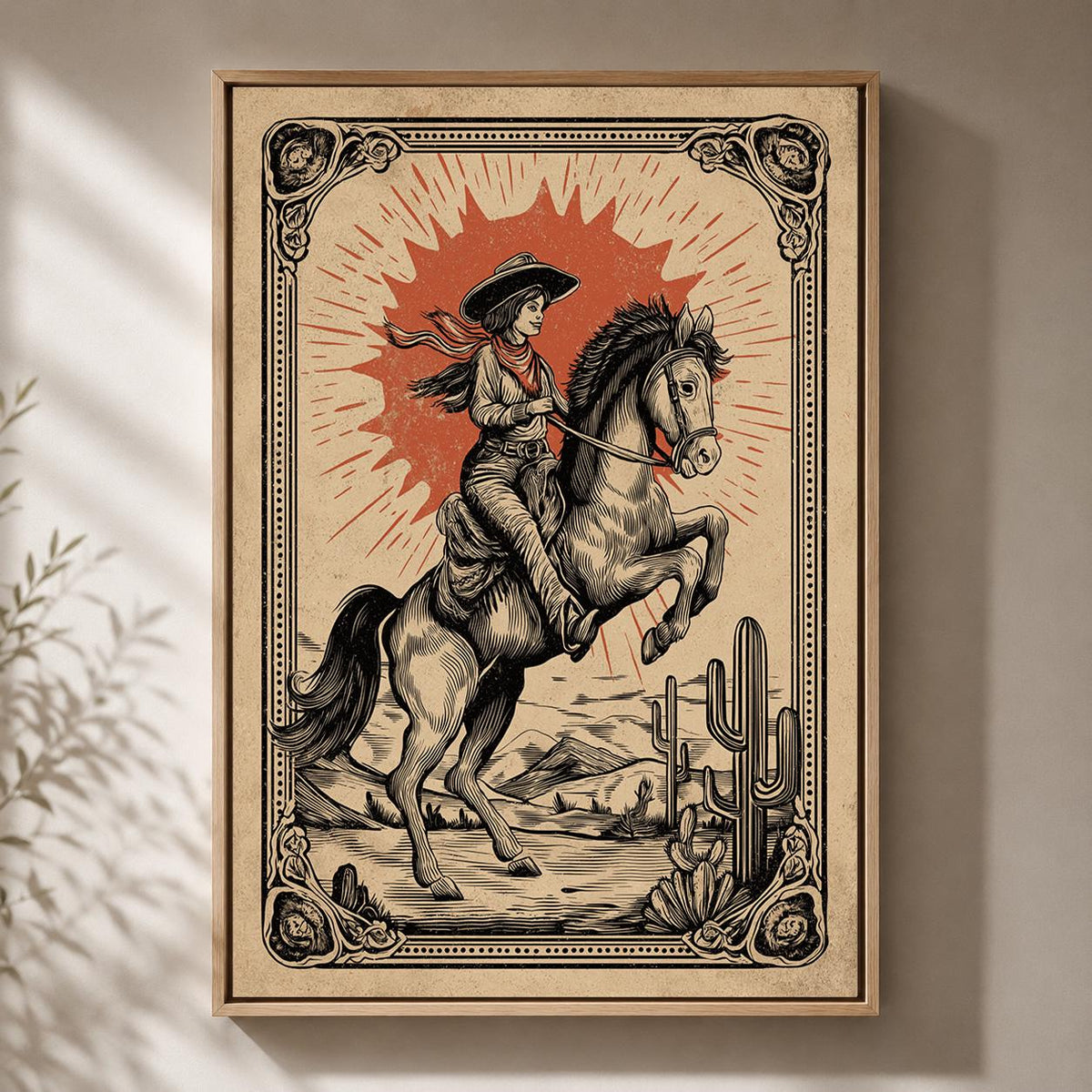 Cowgirl Framed Canvas Art, Vintage Western Rodeo Print, Desert Cowboy Artwork by The Wall Art Studio - physical
