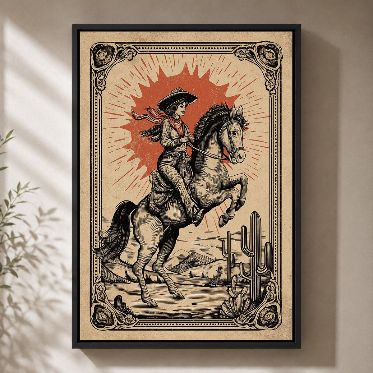 Cowgirl Framed Canvas Art, Vintage Western Rodeo Print, Desert Cowboy Artwork by The Wall Art Studio - physical