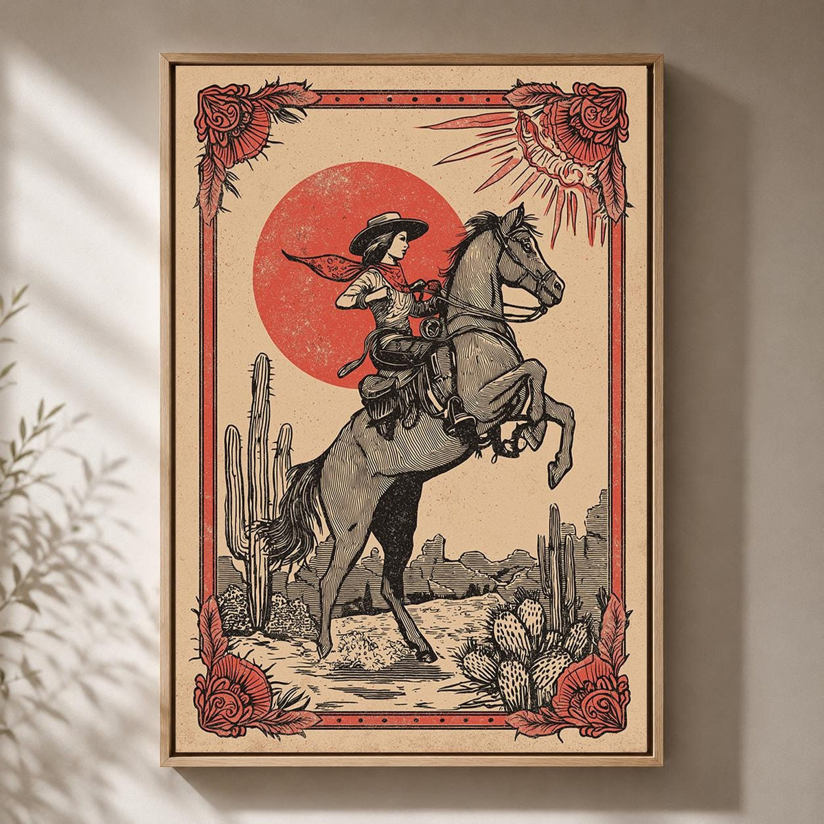 Cowgirl Horse Riding Vintage Western Rodeo Framed Canvas Art, Rustic Desert Decor by The Wall Art Studio - physical