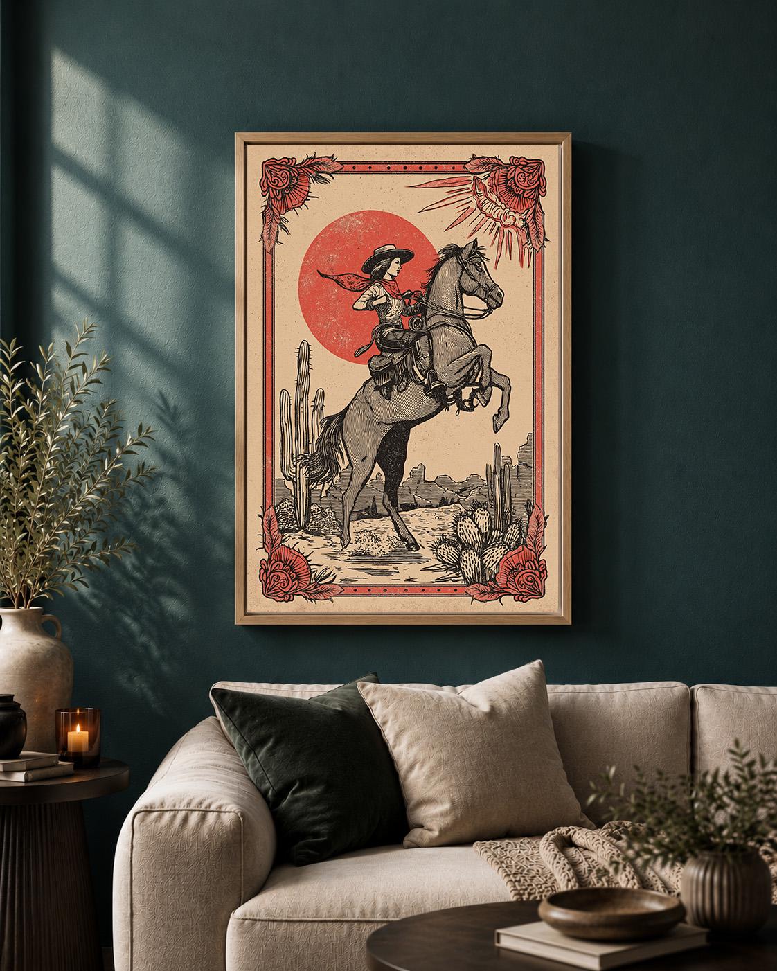 Cowgirl Horse Riding Vintage Western Rodeo Framed Canvas Art, Rustic Desert Decor by The Wall Art Studio - physical