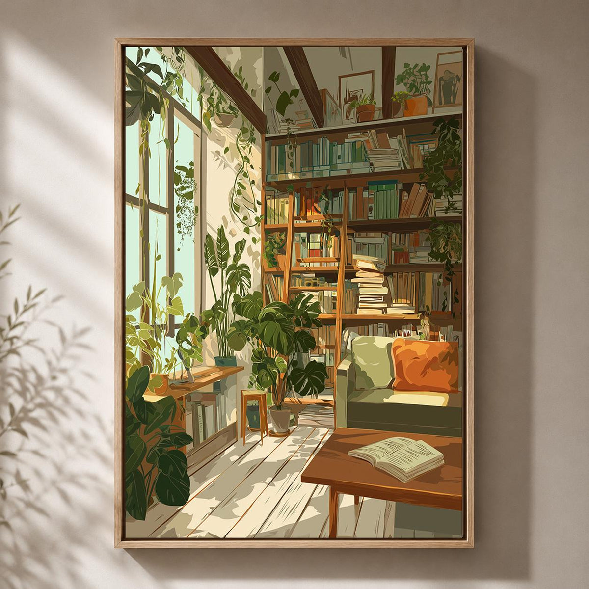 Cozy Plant Filled Library Framed Canvas Art, Book Lover Reading Room Wall Decor by The Wall Art Studio - physical