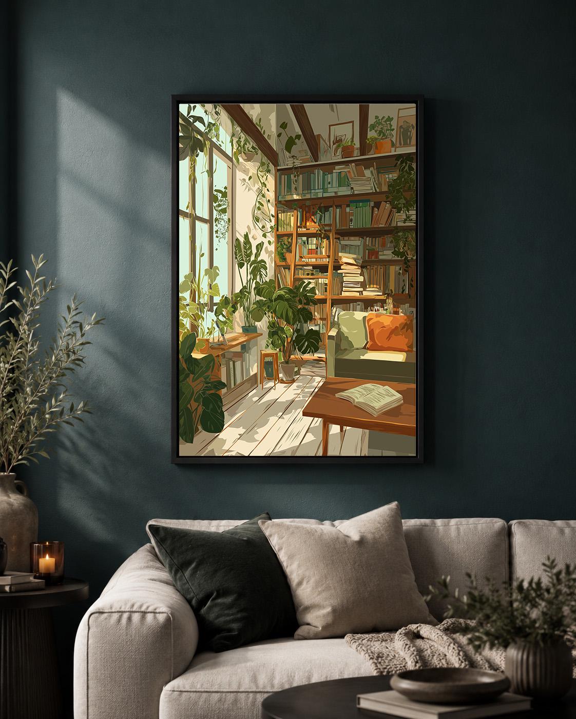 Cozy Plant Filled Library Framed Canvas Art, Book Lover Reading Room Wall Decor by The Wall Art Studio - physical