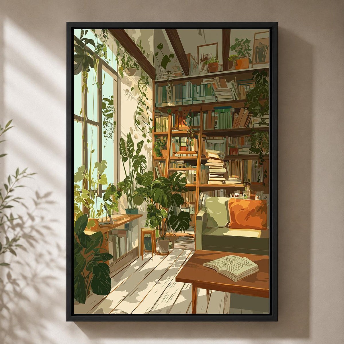 Cozy Plant Filled Library Framed Canvas Art, Book Lover Reading Room Wall Decor by The Wall Art Studio - physical