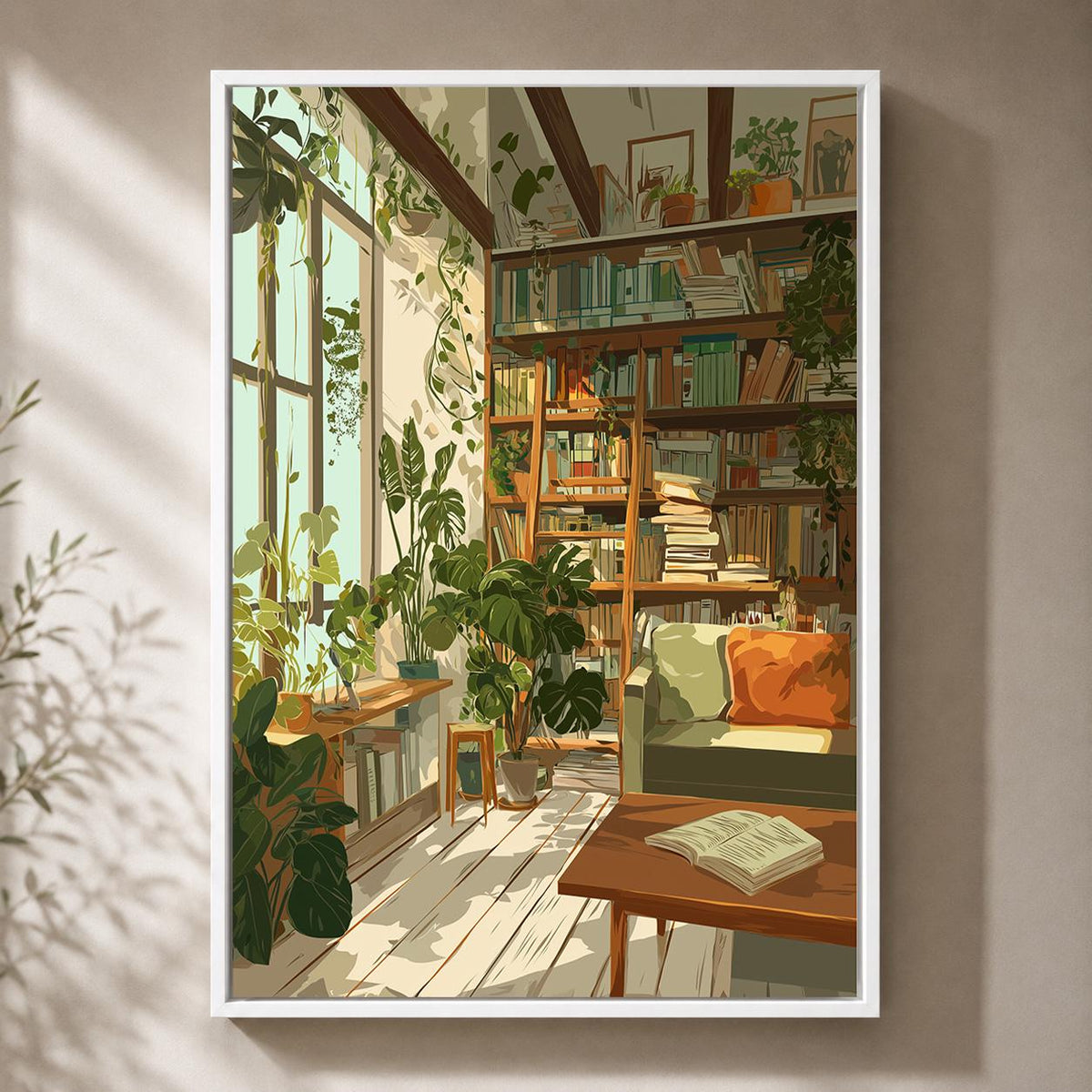 Cozy Plant Filled Library Framed Canvas Art, Book Lover Reading Room Wall Decor by The Wall Art Studio - physical