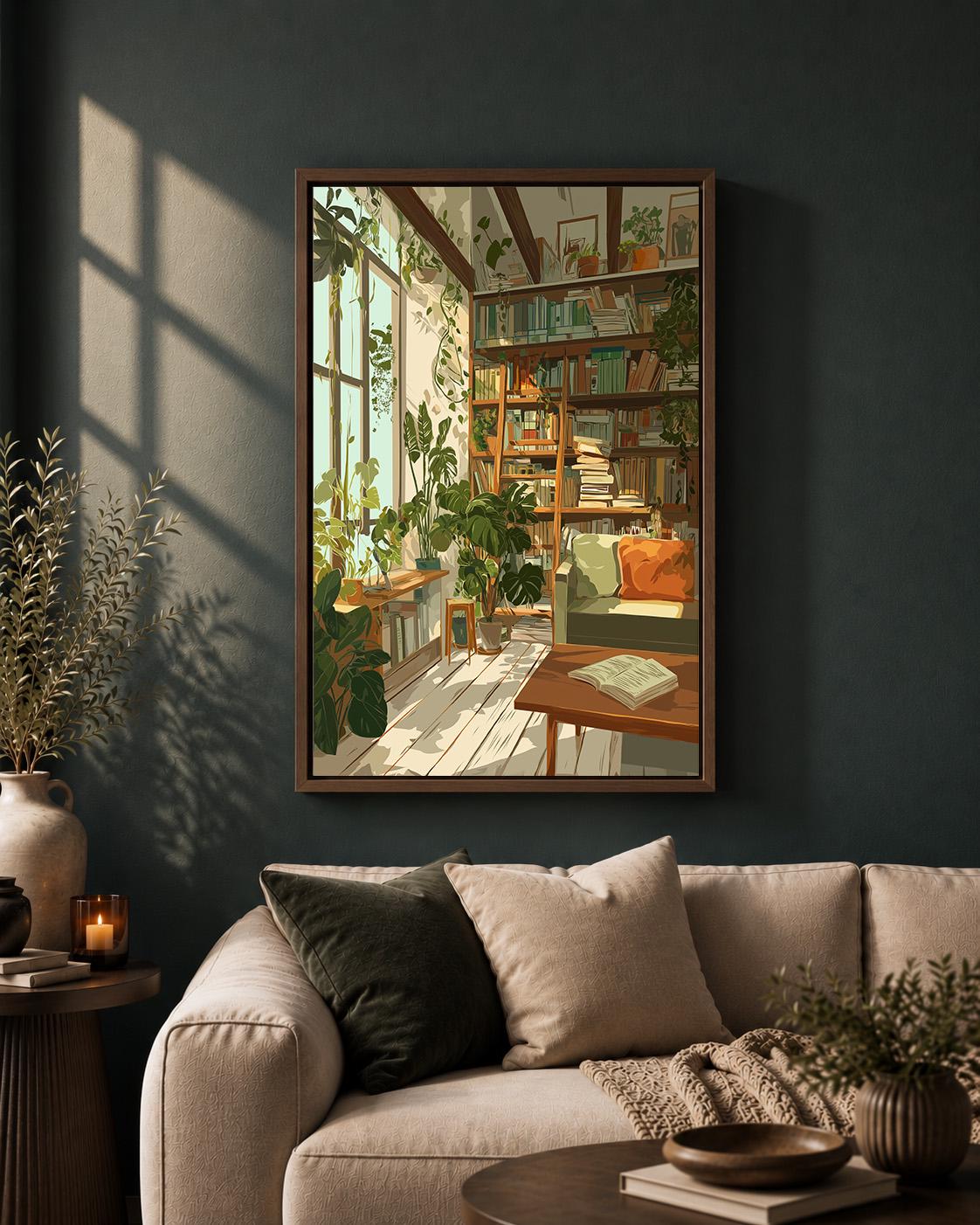 Cozy Plant Filled Library Framed Canvas Art, Book Lover Reading Room Wall Decor by The Wall Art Studio - physical