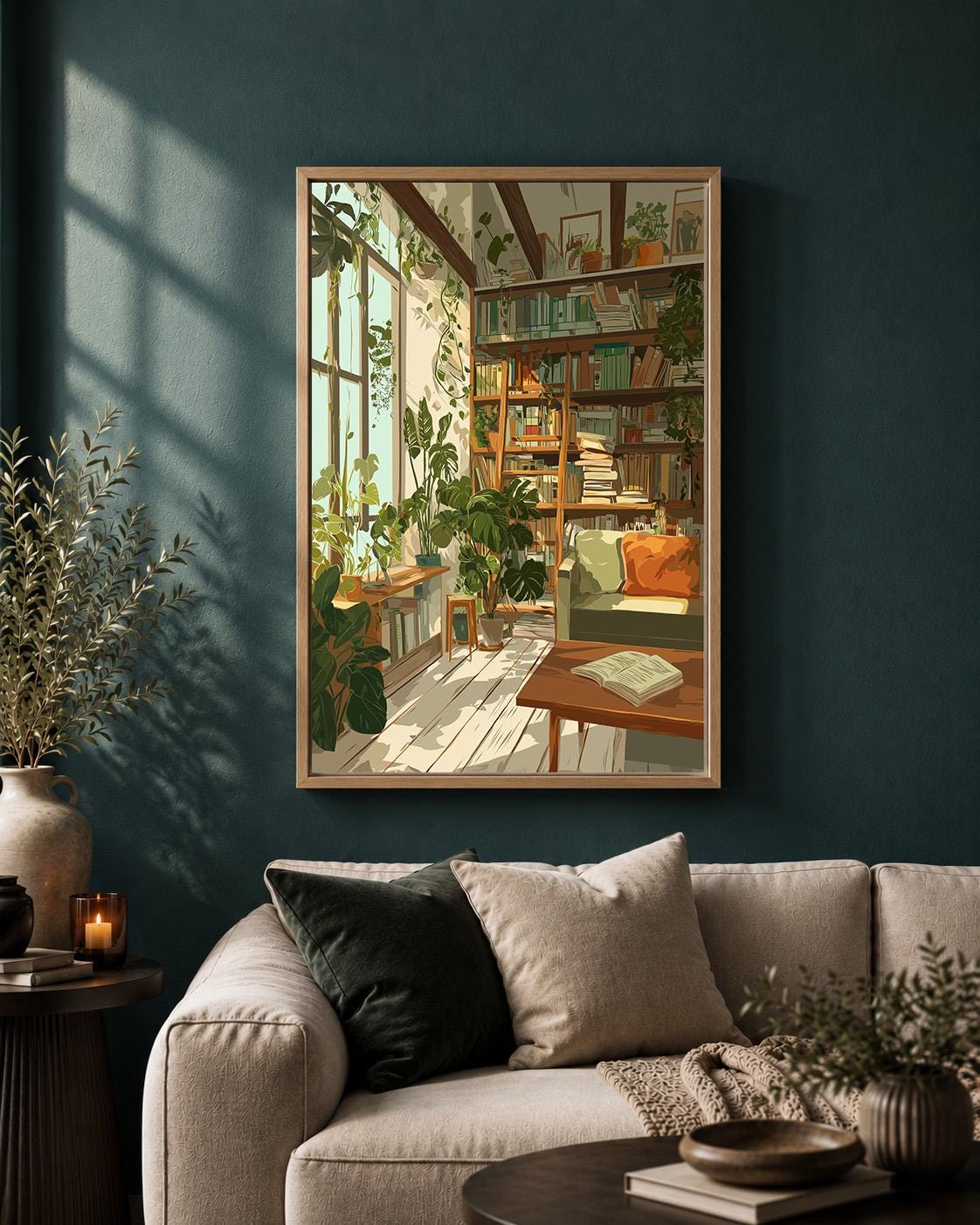 Cozy Plant Filled Library Framed Canvas Art, Book Lover Reading Room Wall Decor by The Wall Art Studio - physical