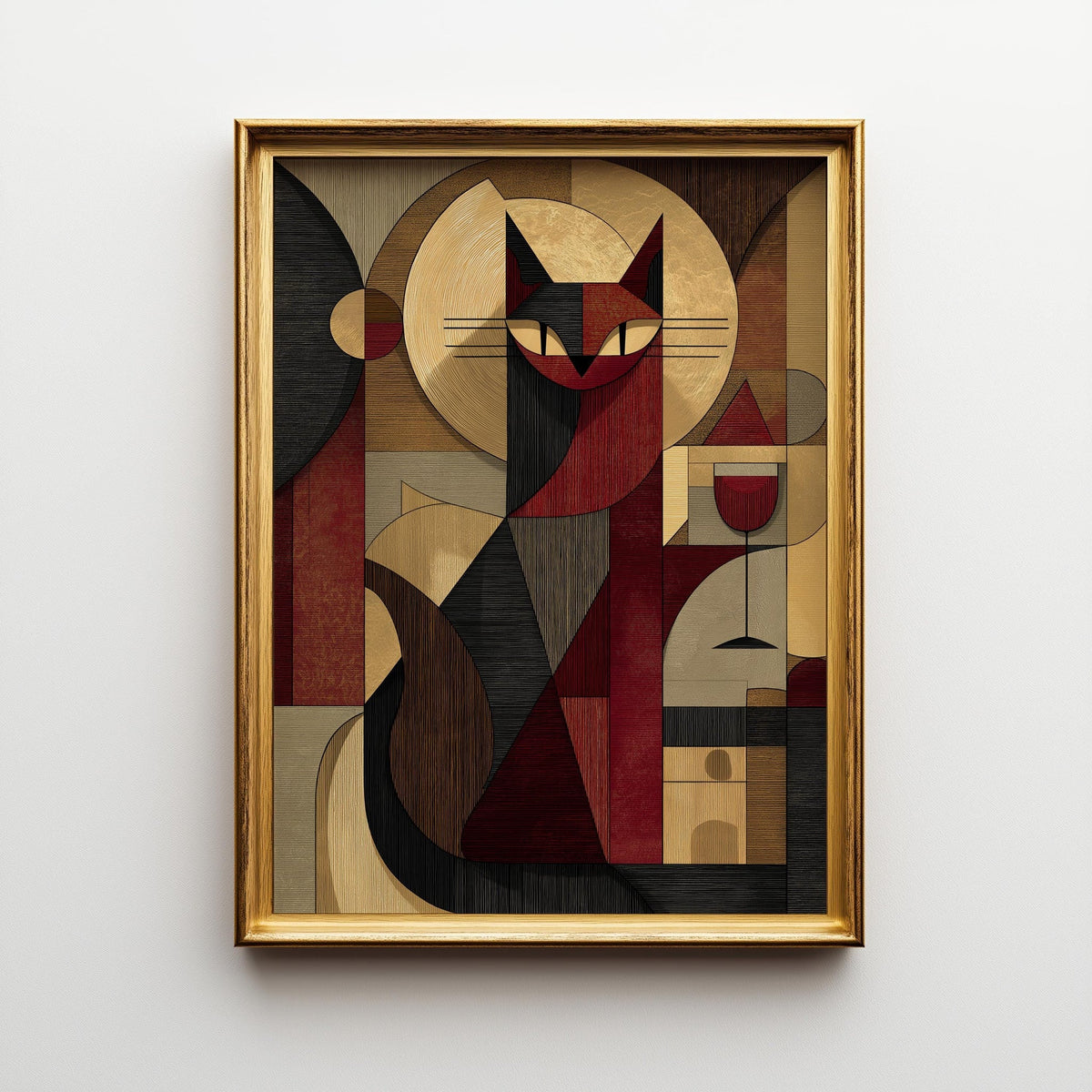 Cubist Cat Art Print | Geometric Mid-Century Modern Wall Art | Abstract Cat with Wine Poster | Retro Animal Illustration |...