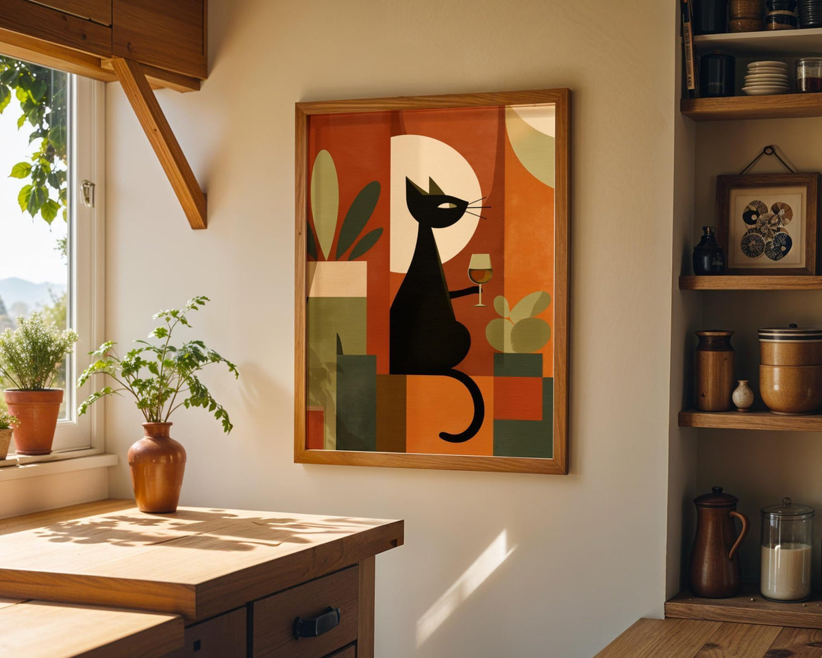 Cubist Cat Art Print | Geometric Mid-Century Modern Wall Art | Abstract Cat with Wine Poster | Retro Animal Illustration |...