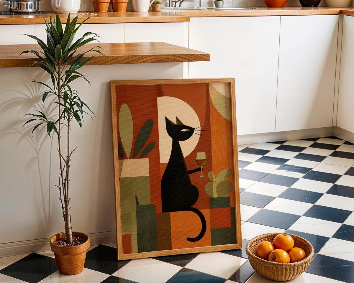 Cubist Cat Art Print | Geometric Mid-Century Modern Wall Art | Abstract Cat with Wine Poster | Retro Animal Illustration |...