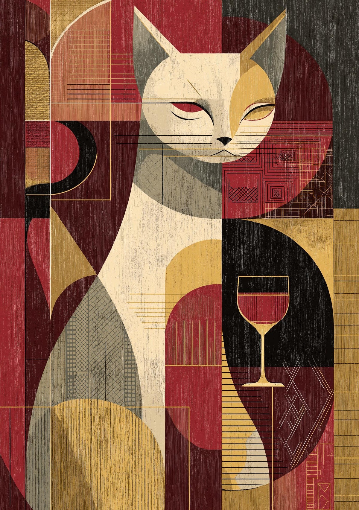 Cubist Cat Art Print | Geometric Mid-Century Modern Wall Art | Abstract Cat with Wine Poster | Retro Animal Illustration |...