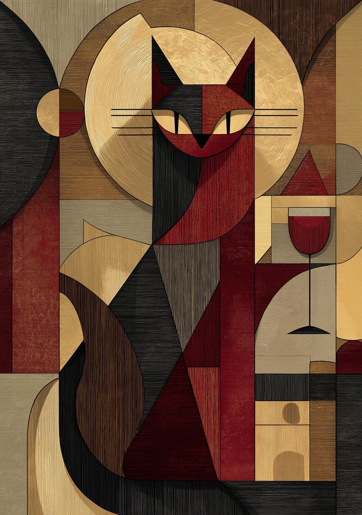 Cubist Cat Art Print | Geometric Mid-Century Modern Wall Art | Abstract Cat with Wine Poster | Retro Animal Illustration |...