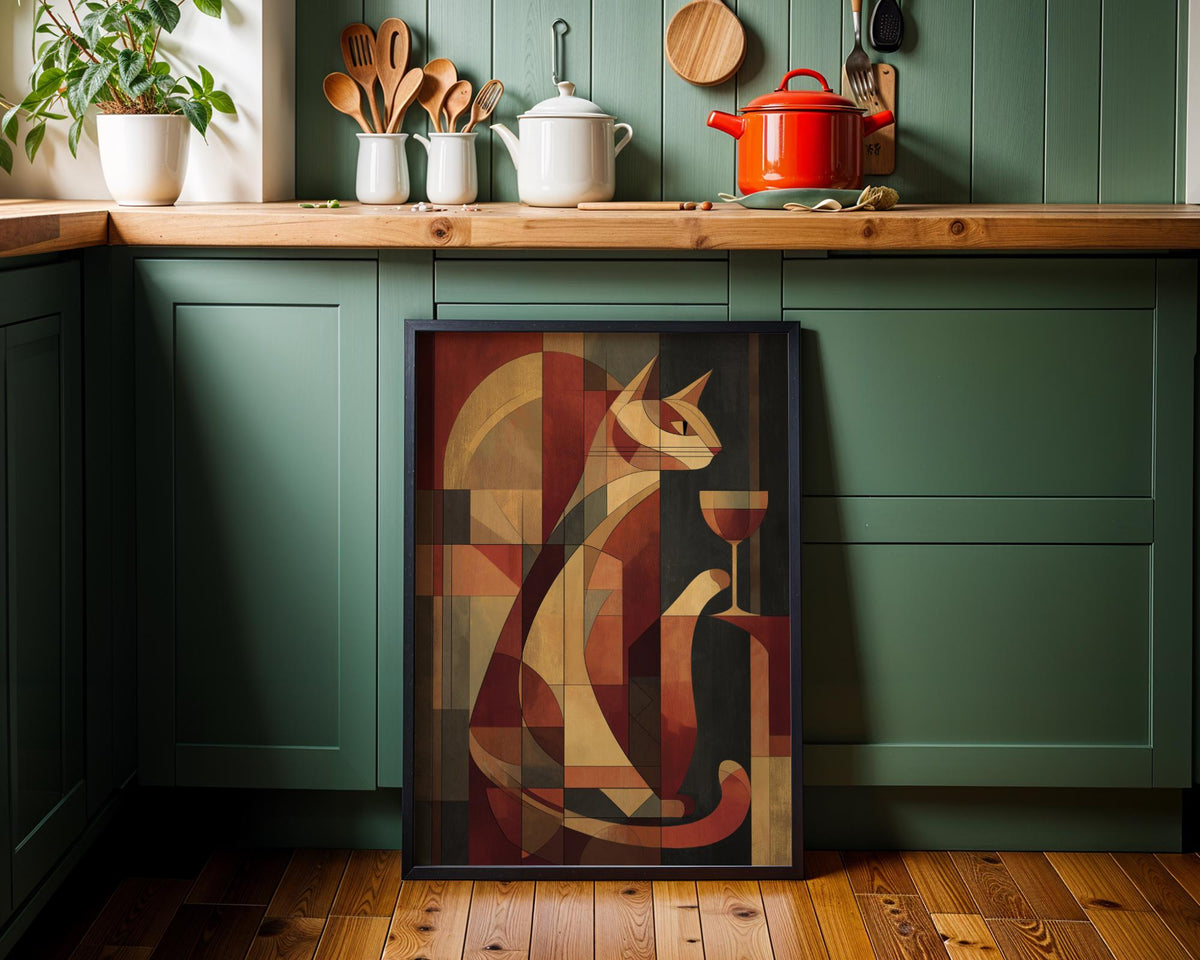 Cubist Cat Art Print | Geometric Mid-Century Modern Wall Art | Abstract Cat with Wine Poster | Retro Animal Illustration |...