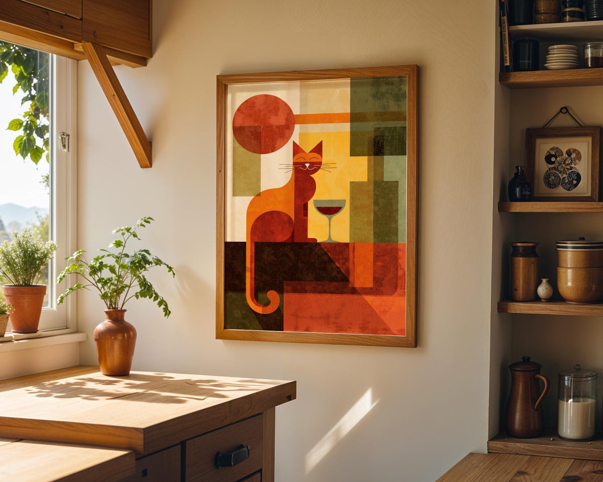 Cubist Cat Art Print | Geometric Mid-Century Modern Wall Art | Abstract Cat with Wine Poster | Retro Animal Illustration |...
