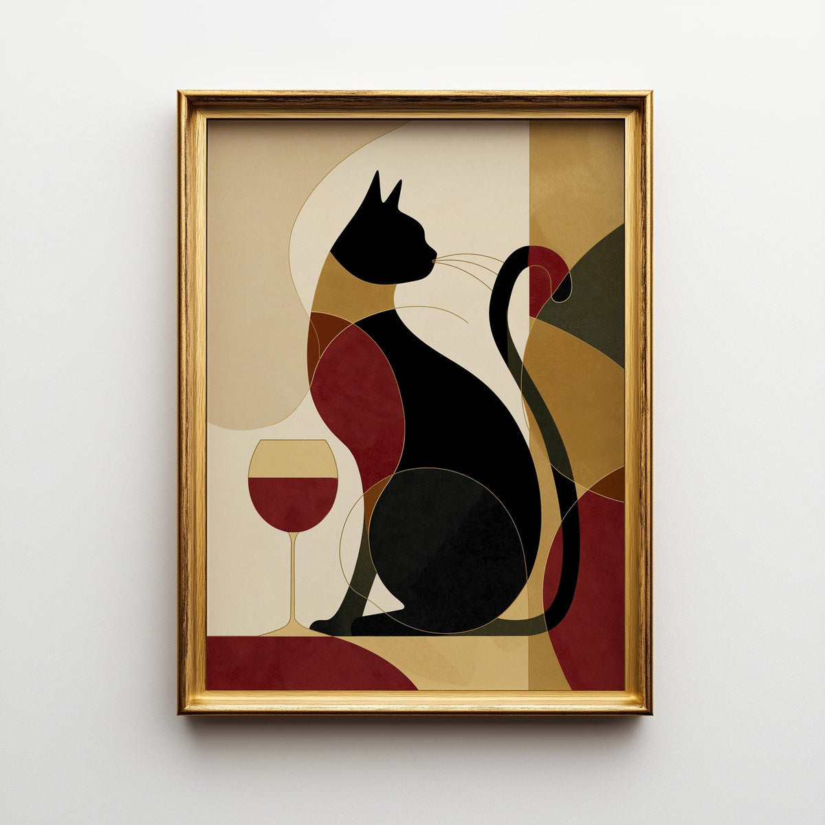 Cubist Cat Art Print | Geometric Mid-Century Modern Wall Art | Abstract Cat with Wine Poster | Retro Animal Illustration |...