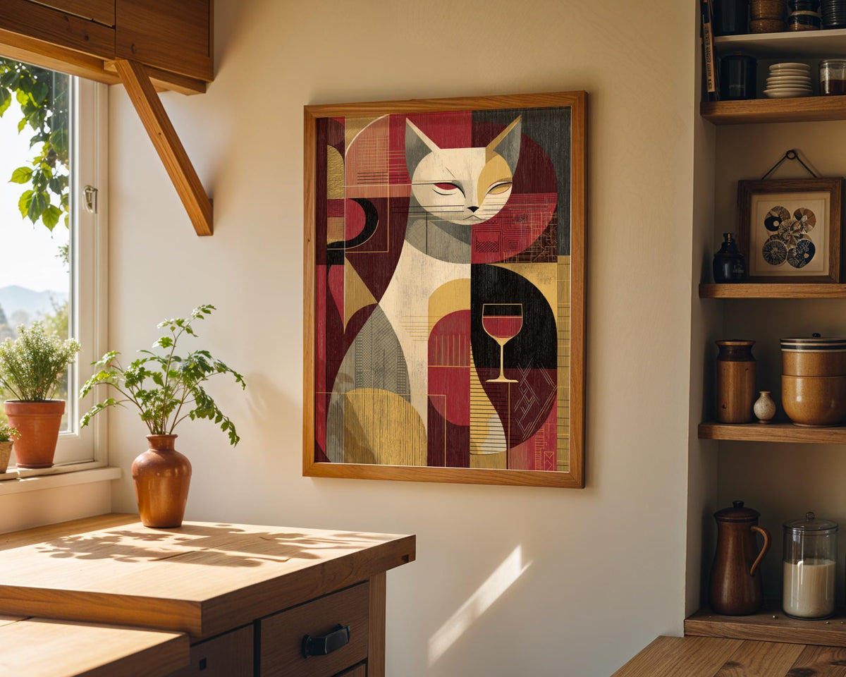 Cubist Cat Art Print | Geometric Mid-Century Modern Wall Art | Abstract Cat with Wine Poster | Retro Animal Illustration |...