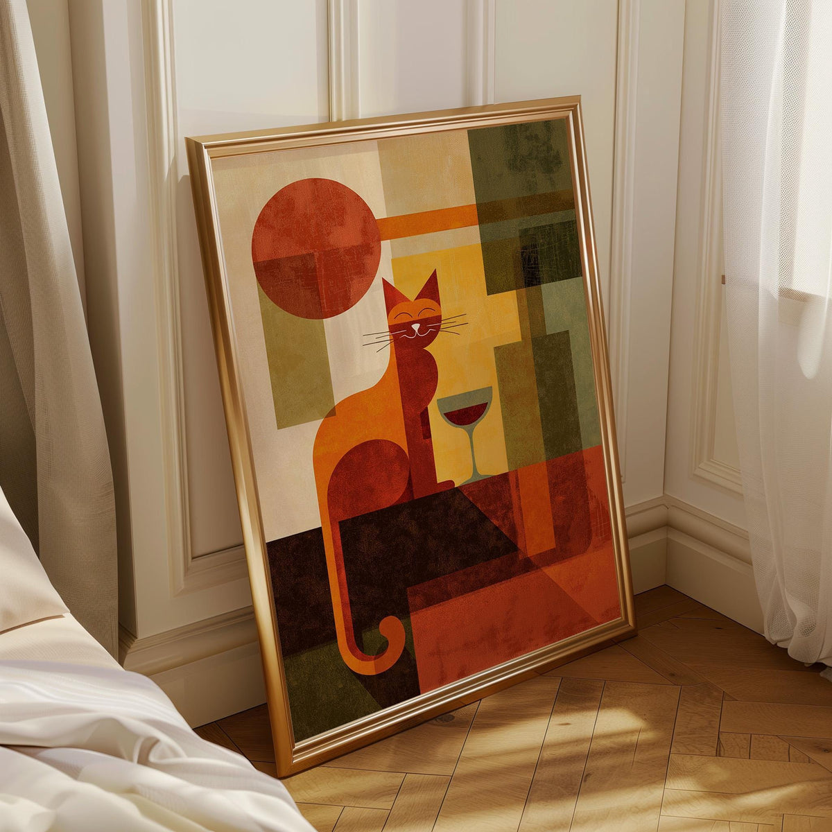 Cubist Cat Art Print | Geometric Mid-Century Modern Wall Art | Abstract Cat with Wine Poster | Retro Animal Illustration |...