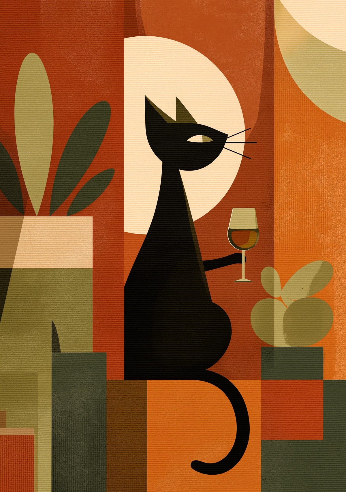 Cubist Cat Art Print | Geometric Mid-Century Modern Wall Art | Abstract Cat with Wine Poster | Retro Animal Illustration |...