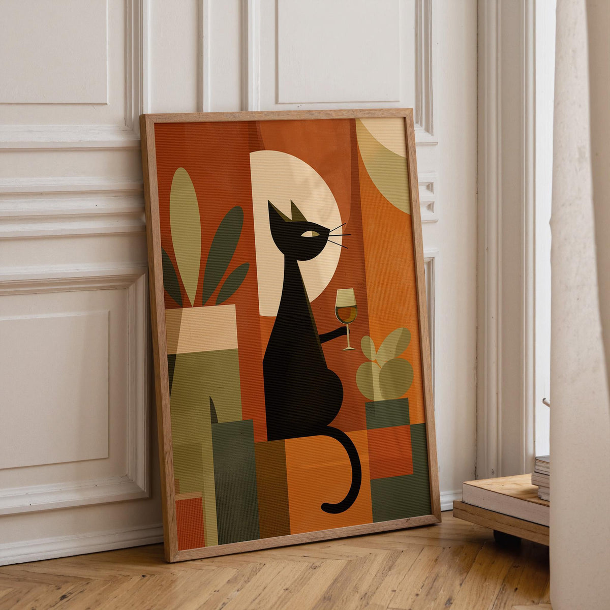 Cubist Cat Art Print | Geometric Mid-Century Modern Wall Art | Abstract Cat with Wine Poster | Retro Animal Illustration |...