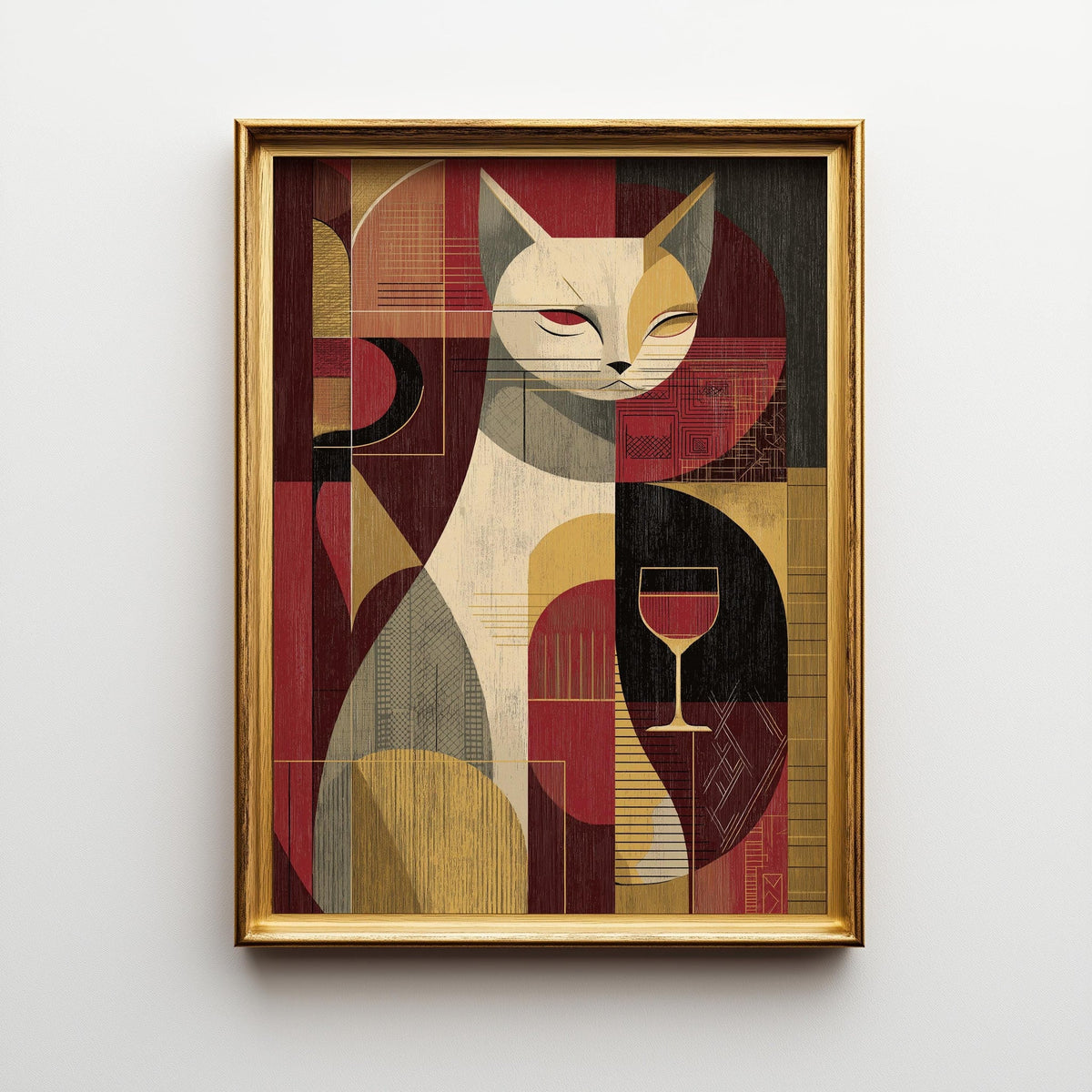 Cubist Cat Art Print | Geometric Mid-Century Modern Wall Art | Abstract Cat with Wine Poster | Retro Animal Illustration |...