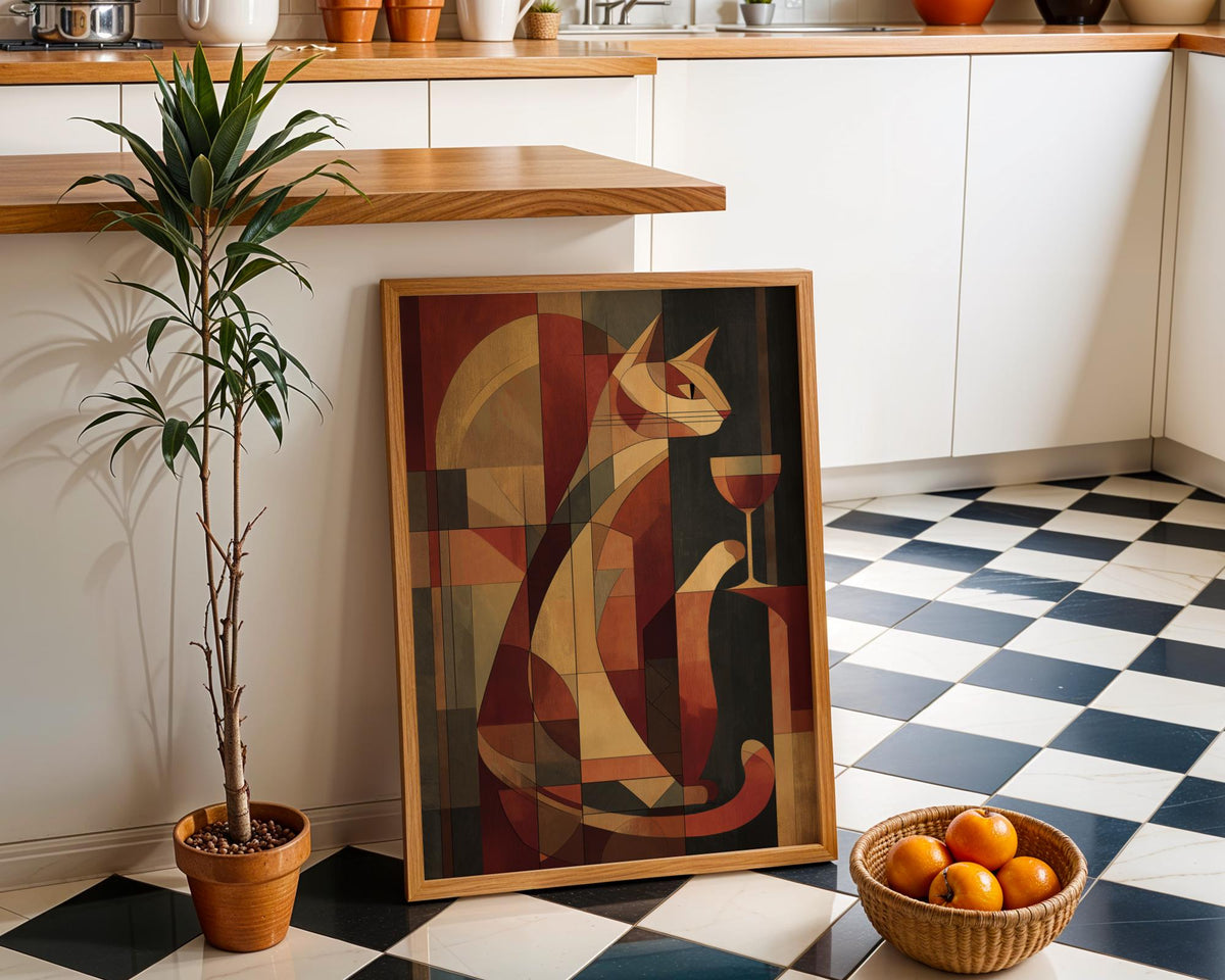 Cubist Cat Art Print | Geometric Mid-Century Modern Wall Art | Abstract Cat with Wine Poster | Retro Animal Illustration |...
