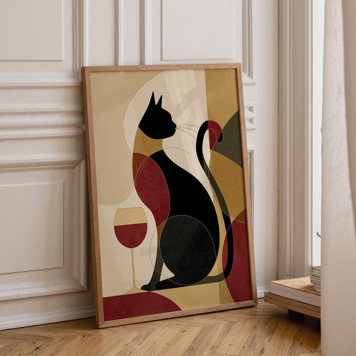 Cubist Cat Art Print | Geometric Mid-Century Modern Wall Art | Abstract Cat with Wine Poster | Retro Animal Illustration |...
