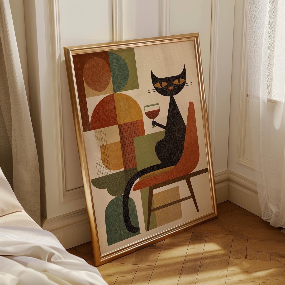 Cubist Cat Art Print | Geometric Mid-Century Modern Wall Art | Abstract Cat with Wine Poster | Retro Animal Illustration |...