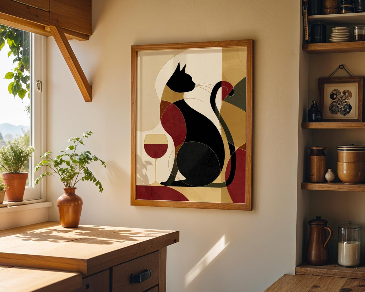 Cubist Cat Art Print | Geometric Mid-Century Modern Wall Art | Abstract Cat with Wine Poster | Retro Animal Illustration |...
