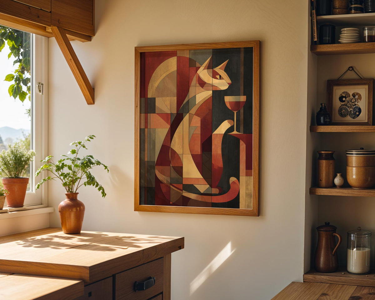 Cubist Cat Art Print | Geometric Mid-Century Modern Wall Art | Abstract Cat with Wine Poster | Retro Animal Illustration |...