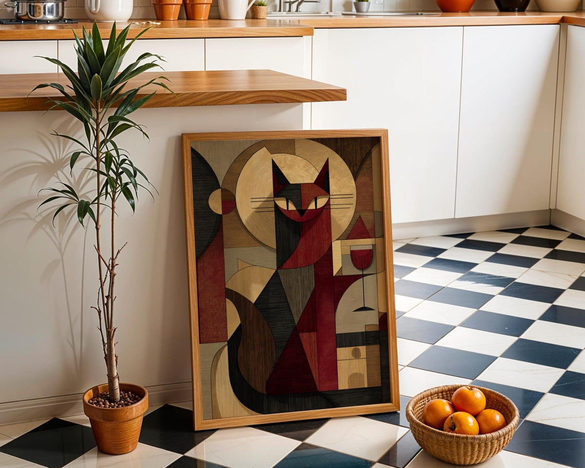 Cubist Cat Art Print | Geometric Mid-Century Modern Wall Art | Abstract Cat with Wine Poster | Retro Animal Illustration |...