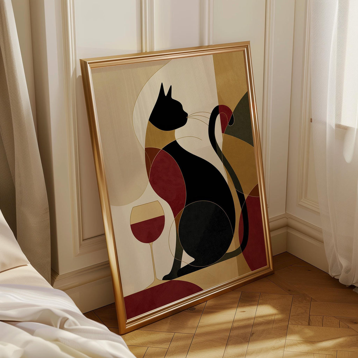 Cubist Cat Art Print | Geometric Mid-Century Modern Wall Art | Abstract Cat with Wine Poster | Retro Animal Illustration |...
