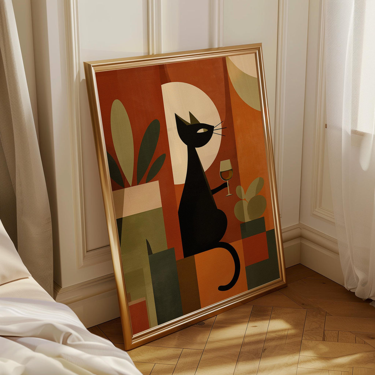 Cubist Cat Art Print | Geometric Mid-Century Modern Wall Art | Abstract Cat with Wine Poster | Retro Animal Illustration |...