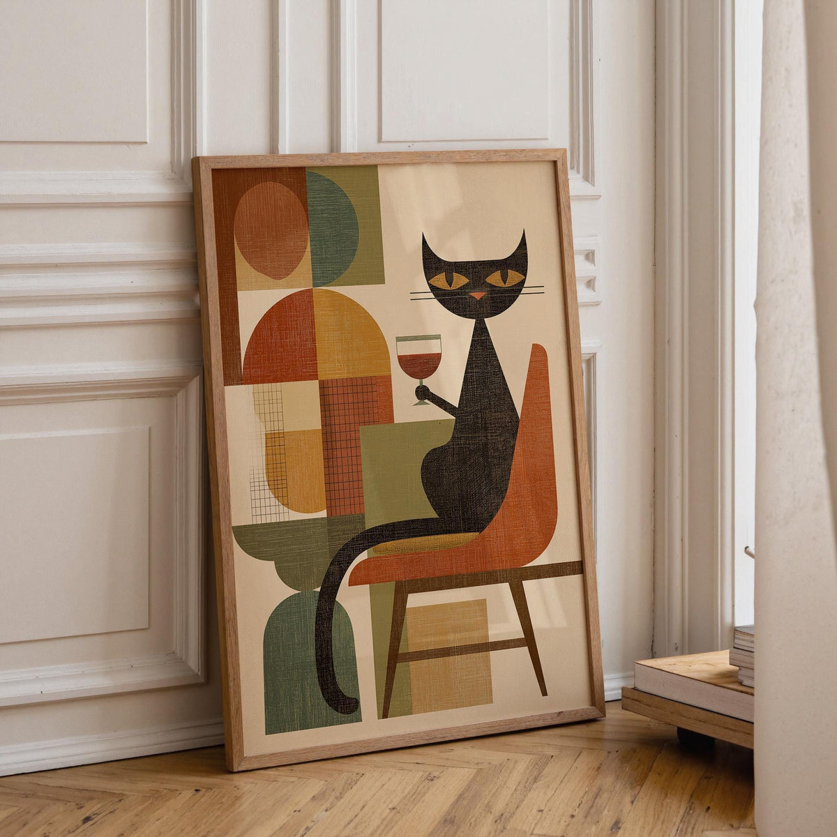 Cubist Cat Art Print | Geometric Mid-Century Modern Wall Art | Abstract Cat with Wine Poster | Retro Animal Illustration |...