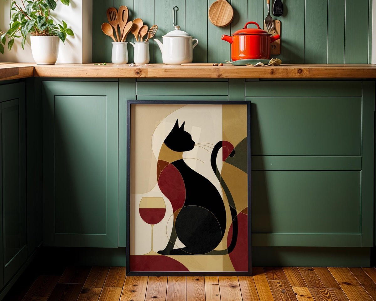 Cubist Cat Art Print | Geometric Mid-Century Modern Wall Art | Abstract Cat with Wine Poster | Retro Animal Illustration |...