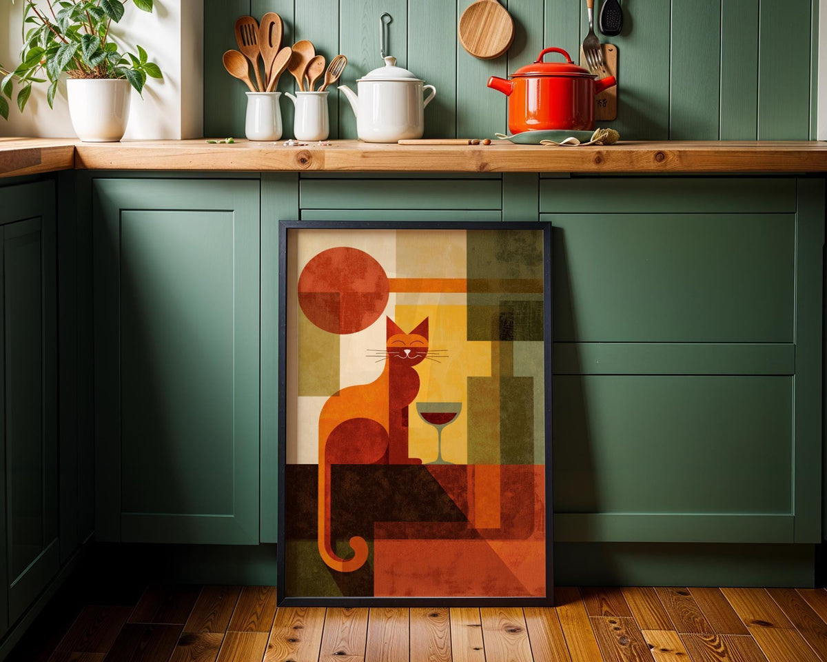Cubist Cat Art Print | Geometric Mid-Century Modern Wall Art | Abstract Cat with Wine Poster | Retro Animal Illustration |...