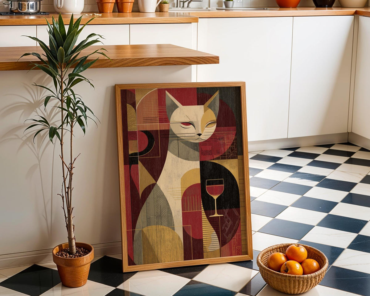 Cubist Cat Art Print | Geometric Mid-Century Modern Wall Art | Abstract Cat with Wine Poster | Retro Animal Illustration |...