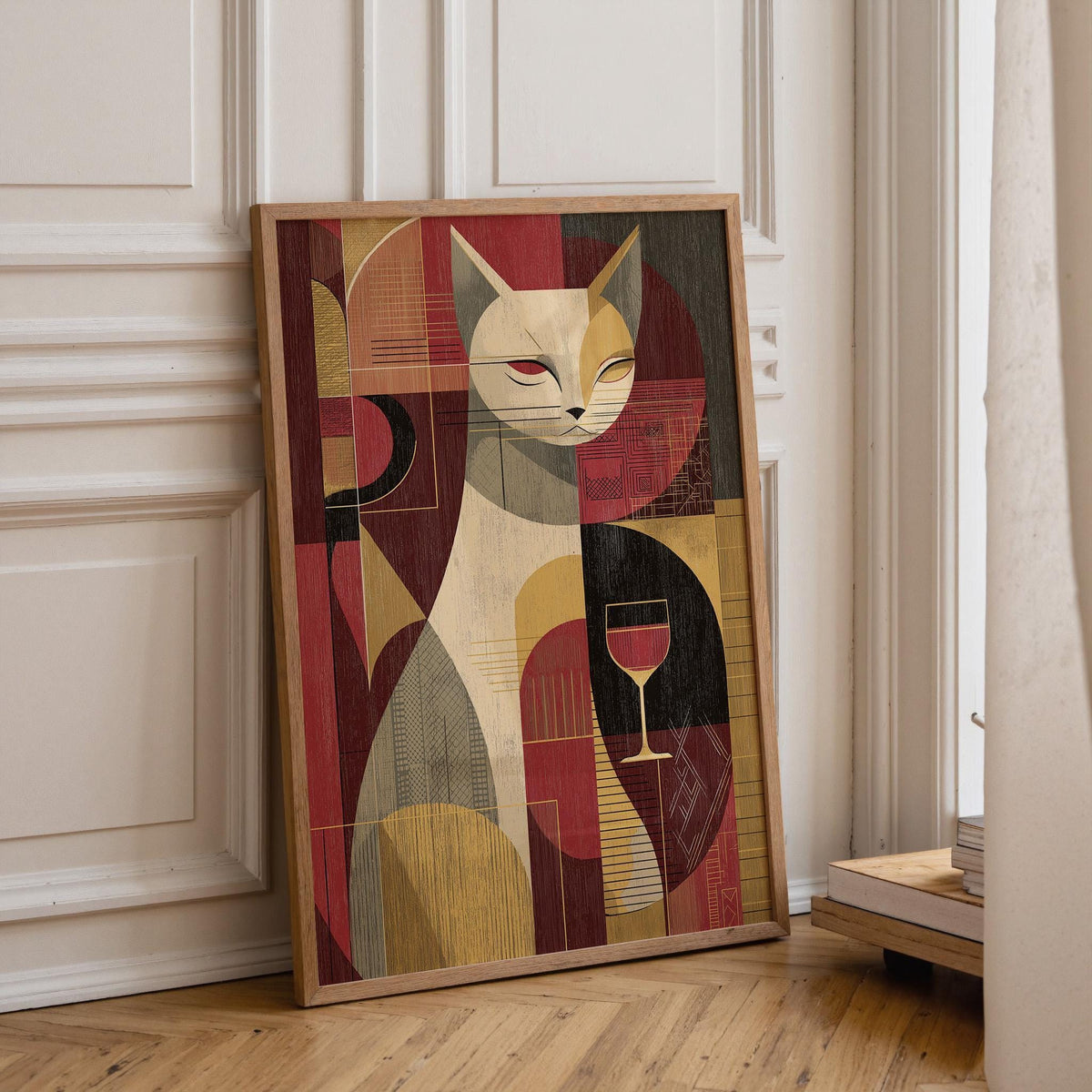 Cubist Cat Art Print | Geometric Mid-Century Modern Wall Art | Abstract Cat with Wine Poster | Retro Animal Illustration |...
