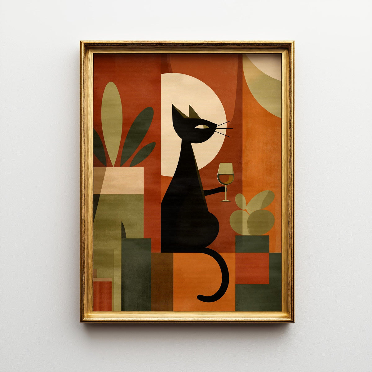 Cubist Cat Art Print | Geometric Mid-Century Modern Wall Art | Abstract Cat with Wine Poster | Retro Animal Illustration |...
